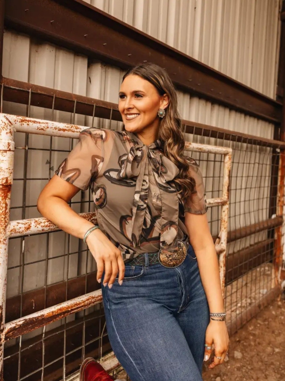 Tie-Neck Sheer Floral Blouse in Taupe with cami